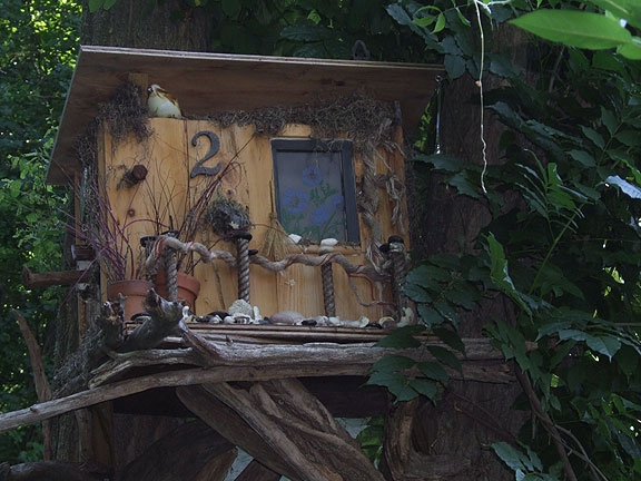 Birdhouses can be built for specific trees and areas. This one has a wisteria vine growing around it which has purple flowers in the spring.